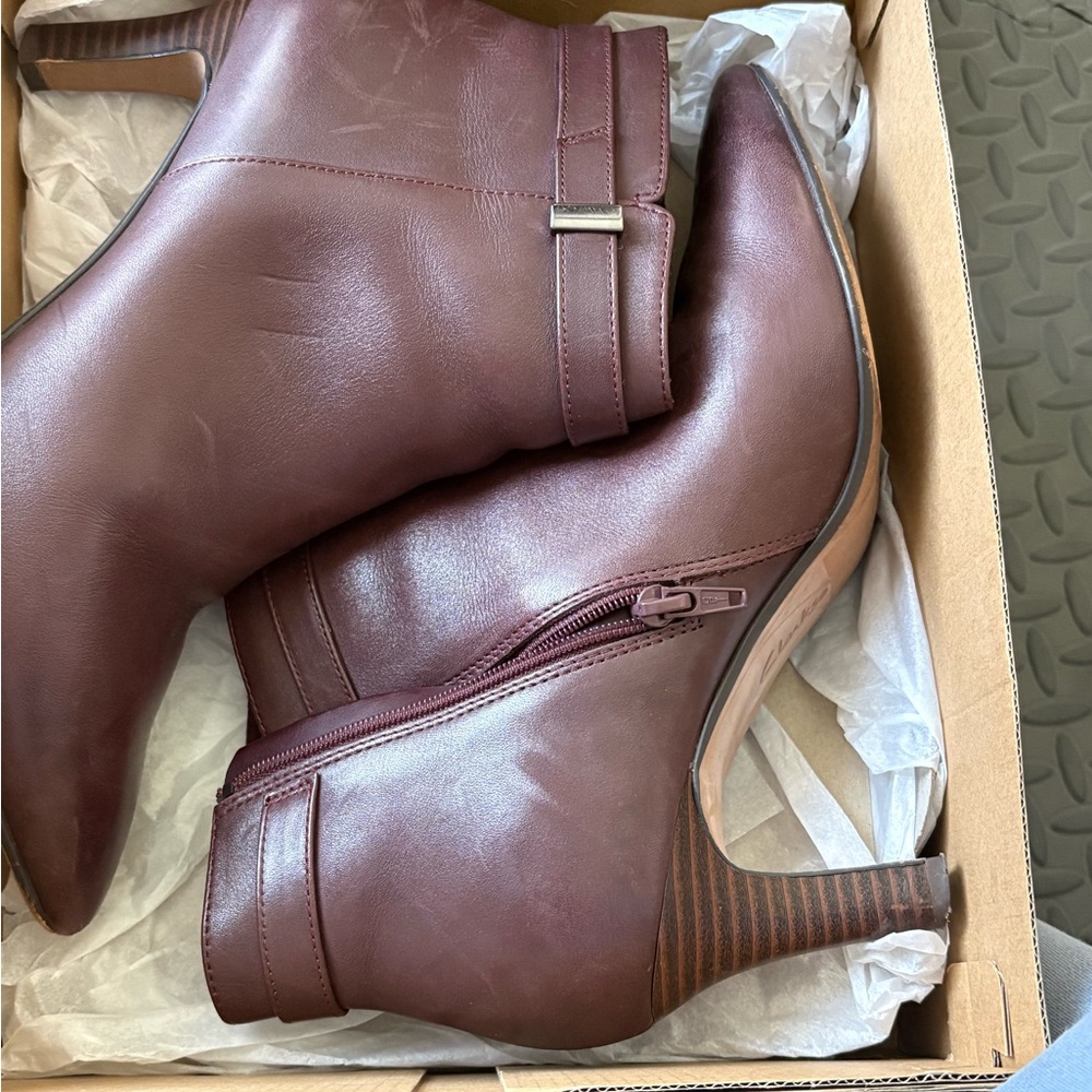 Clarks Wine Leather Ankle Booties with Stacked Heel